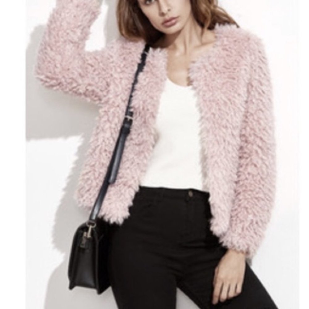 H&M PINK SHORT CROPPED FAUX FUR JACKET COAT MEDIUM - Picture 4 of 6